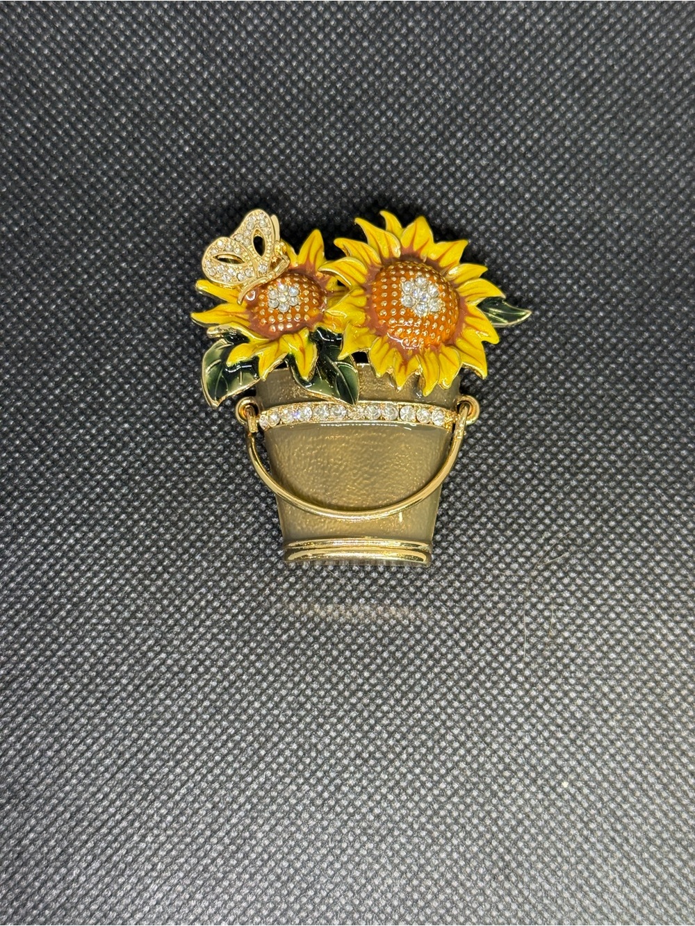 Napier Brooch Gold Tone Sunflower Butterfly Pot with Crystal & Enamel Accent - Picture 9 of 11